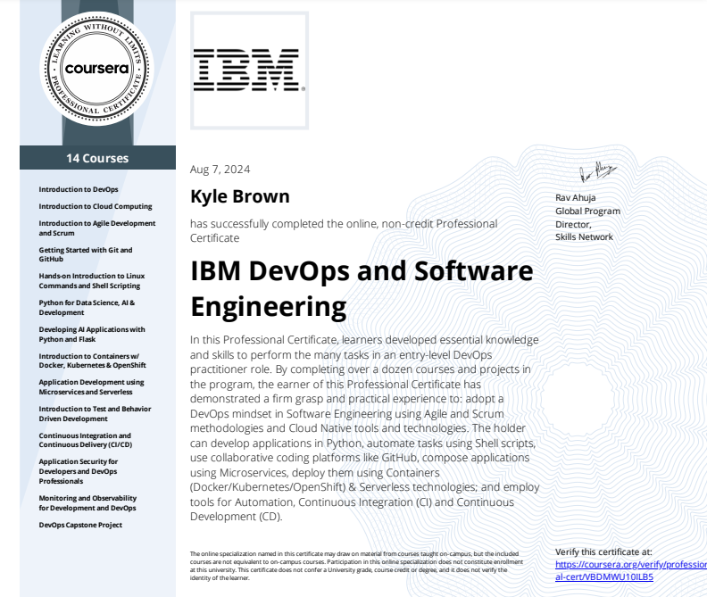 Certificate: IBM DevOps and Software Engineering
