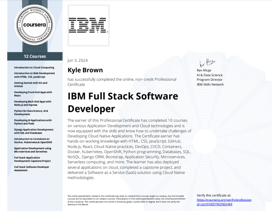 Certificate: IBM Full Stack Software Developer